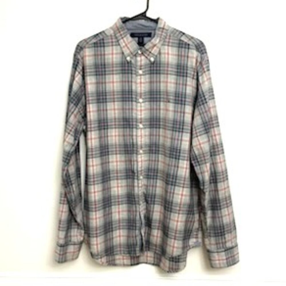 Tommy Hilfiger New York Fit Button-Down Shirt Men's Size L Gray Blue & Red Plaid